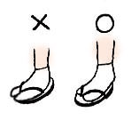 足が痛くならないためにも 草履はつま先までグッといれることはなく 足の親指と人さし指の関節あたりにハナ緒の先が来るようにします。  かかとも草履からはみ出るくらいが、カッコイイ履き方です。